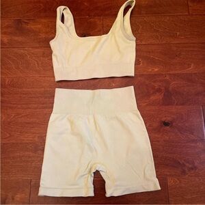 Amazon Women's Butter Yellow Sports Bra and Shorts Set
